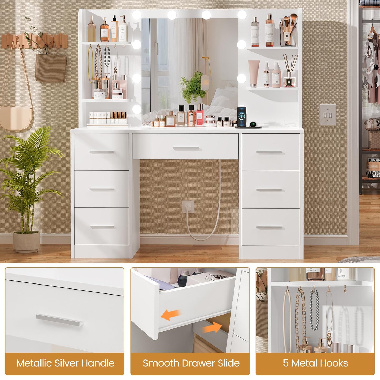 Quimoo LED Vanity Desk with Mirror, 7 Drawers & Power Outlet