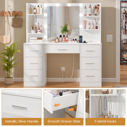 Quimoo LED Vanity Desk with Mirror, 7 Drawers & Power Outlet
