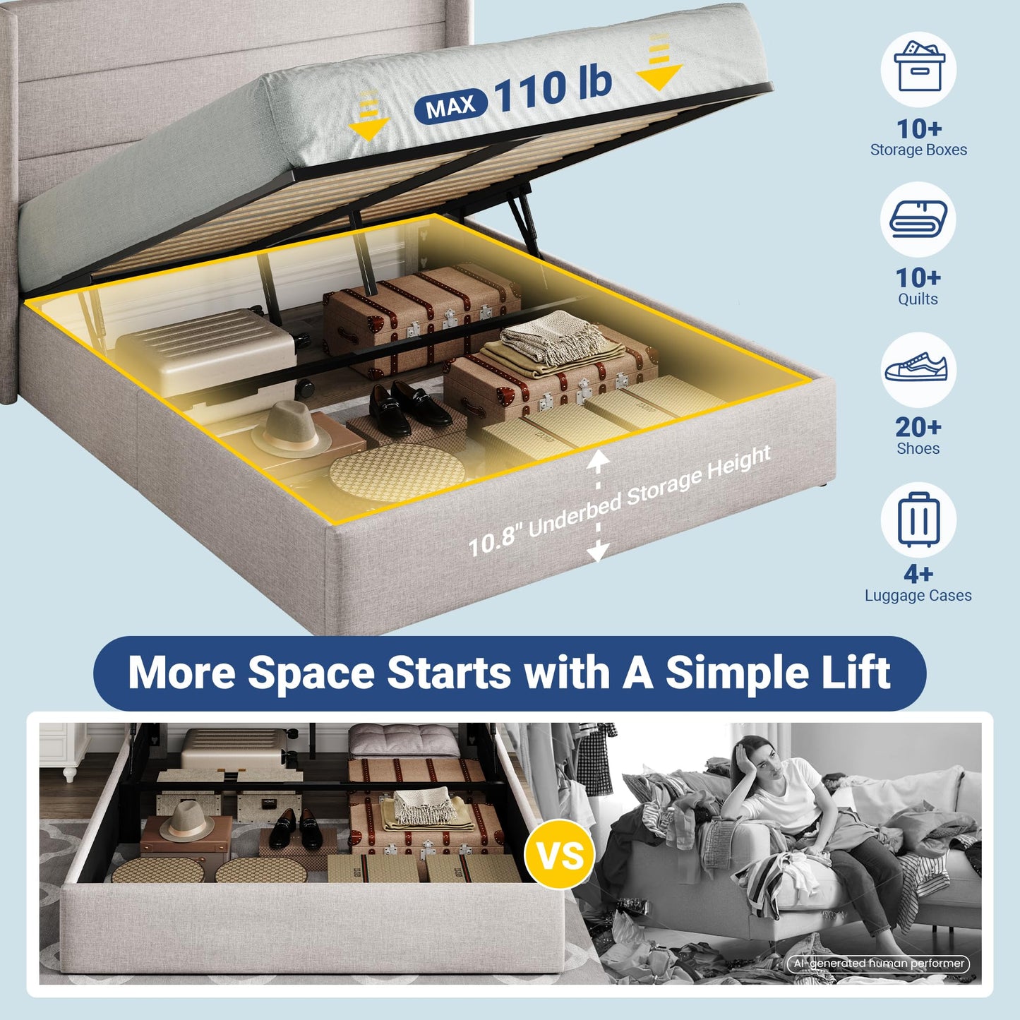 Allewie Queen Lift-Up Storage Bed Frame | Light Beige