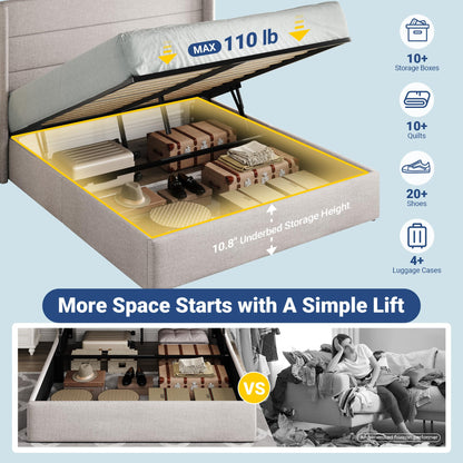 Allewie Queen Lift-Up Storage Bed Frame | Light Beige