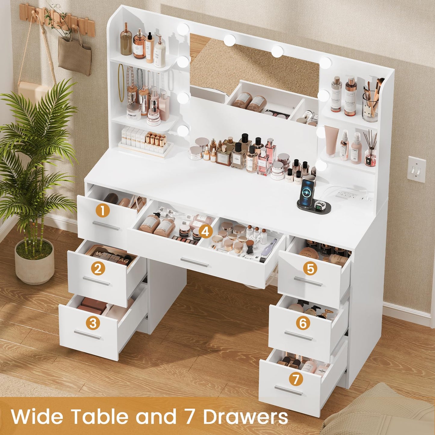Quimoo LED Vanity Desk with Mirror, 7 Drawers & Power Outlet