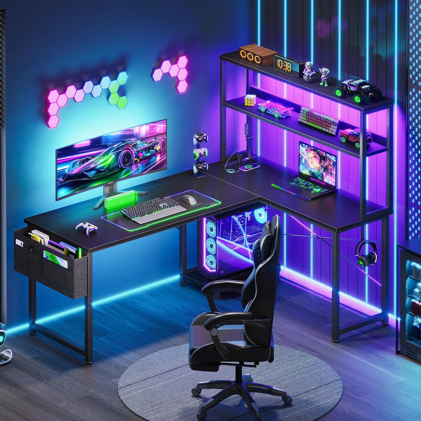 AODK Reversible L-Shaped Desk with LED Light & Power Outlet