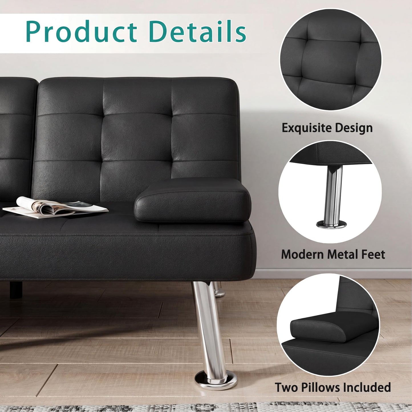 Flamaker Convertible Futon Sofa Bed – Black Faux Leather