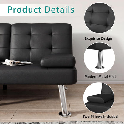 Flamaker Convertible Futon Sofa Bed – Black Faux Leather