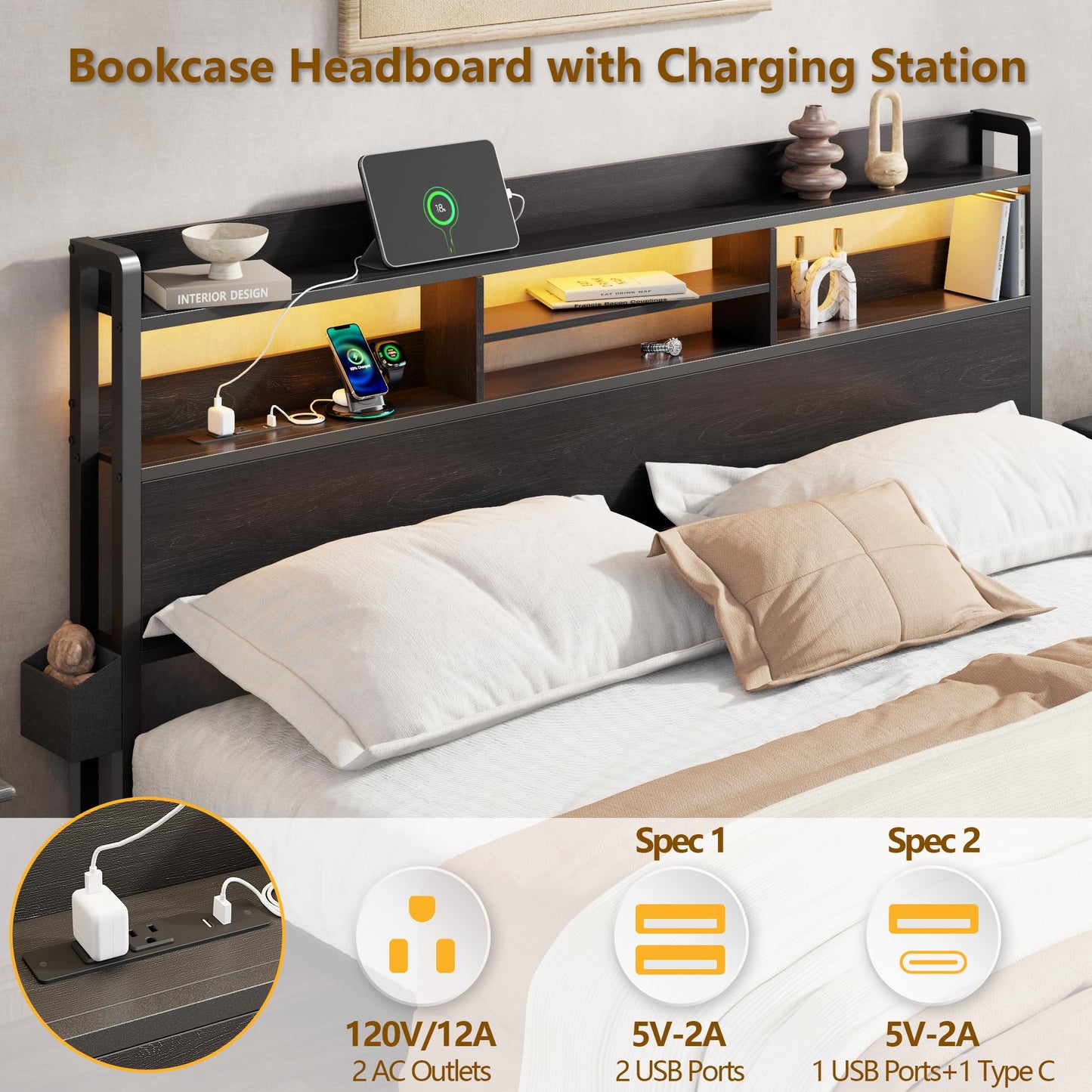 Full Size Bed Frame with Headboard, Charging Station & Drawers