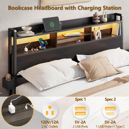 Full Size Bed Frame with Headboard, Charging Station & Drawers