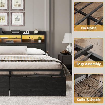 Full Size Bed Frame with Headboard, Charging Station & Drawers
