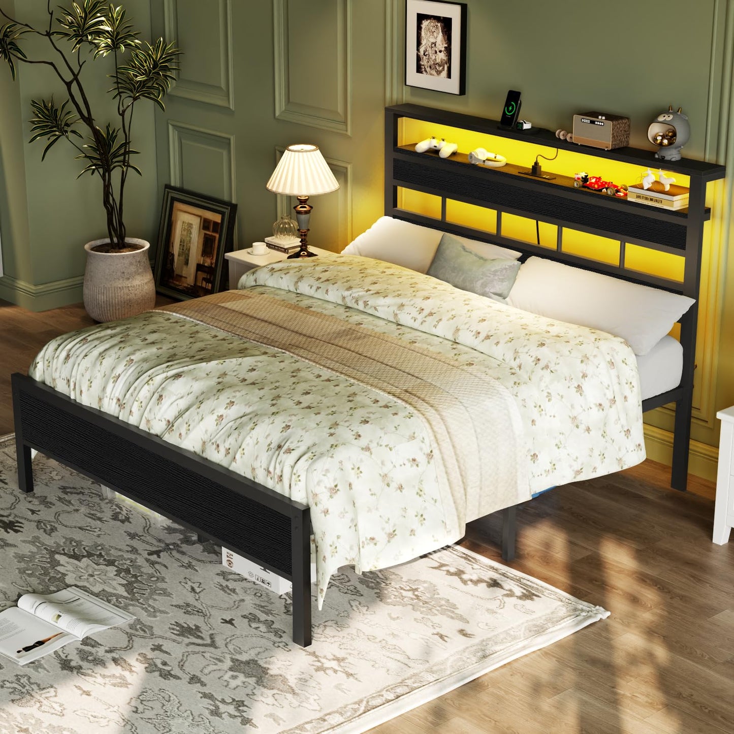 Furnulem Full Size Bed Frame with LED, Storage Headboard, Black Oak