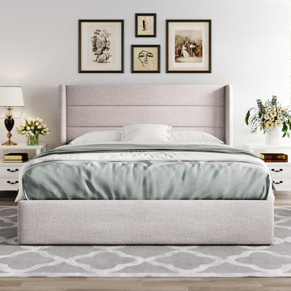 Allewie Queen Lift-Up Storage Bed Frame | Light Beige