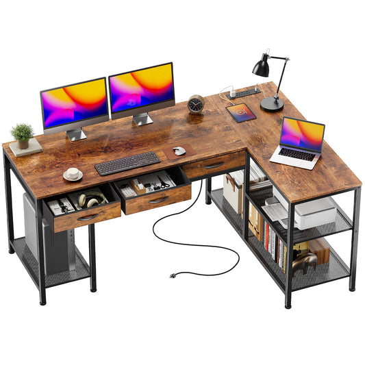 PRAISUN 55" L-Shaped Desk with Power Outlets & USB-C Port