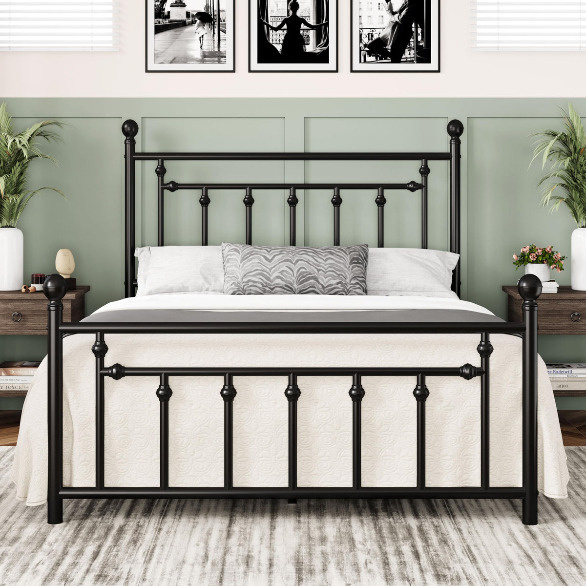 Allewie Queen Metal Platform Bed Frame | Vintage Headboard, Black