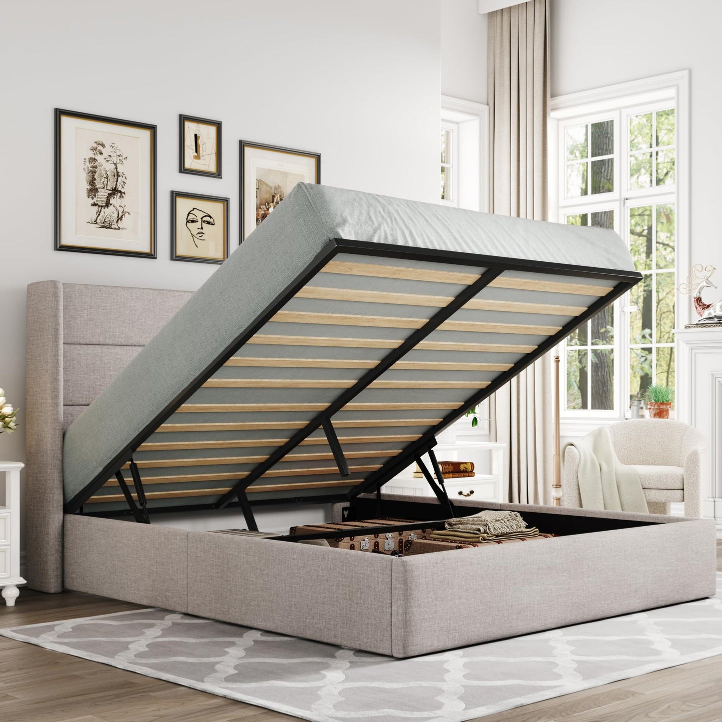 Allewie Queen Lift-Up Storage Bed Frame | Light Beige