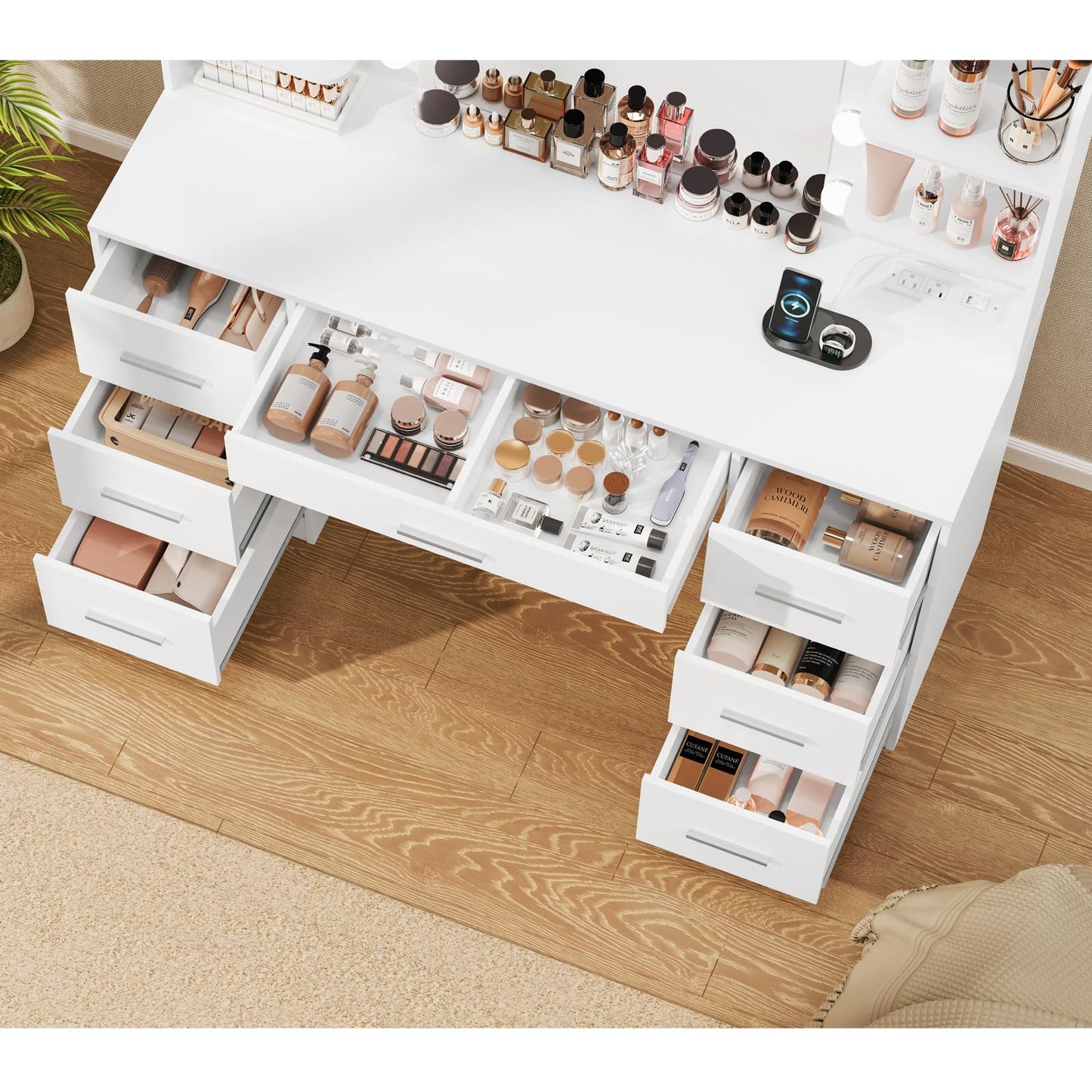 Quimoo LED Vanity Desk with Mirror, 7 Drawers & Power Outlet