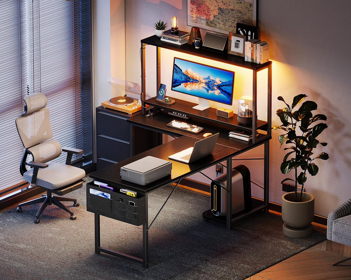 AODK Reversible L-Shaped Desk with LED Light & Power Outlet