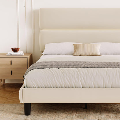 GRUSIGN Queen Upholstered Platform Bed Frame with Velvet Headboard, Beige