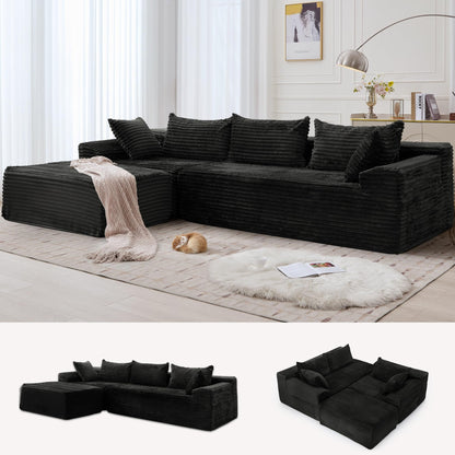 Korser 108" L-Shaped Modular Sectional Sofa with Chaise, Corduroy, Black