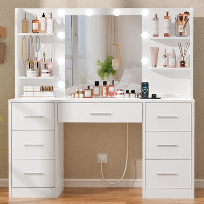 Quimoo LED Vanity Desk with Mirror, 7 Drawers & Power Outlet