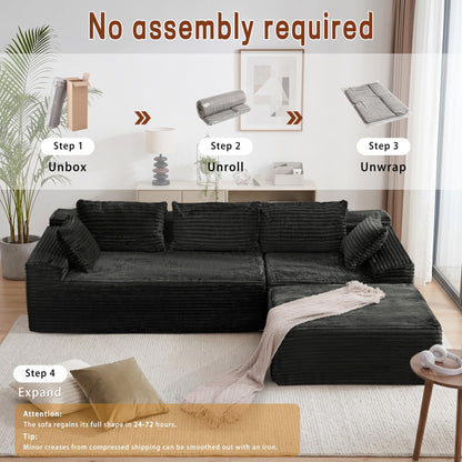 Korser 108" L-Shaped Modular Sectional Sofa with Chaise, Corduroy, Black