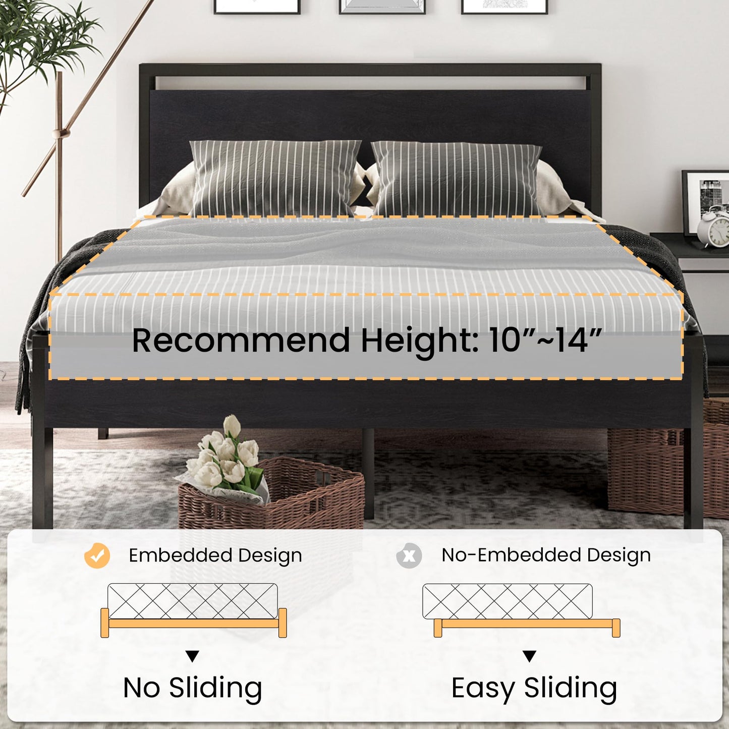SHA CERLIN Queen Metal Platform Bed Frame with Headboard 14"