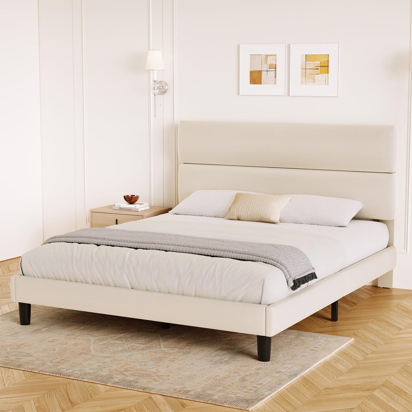 GRUSIGN Queen Upholstered Platform Bed Frame with Velvet Headboard, Beige