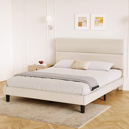 GRUSIGN Queen Upholstered Platform Bed Frame with Velvet Headboard, Beige