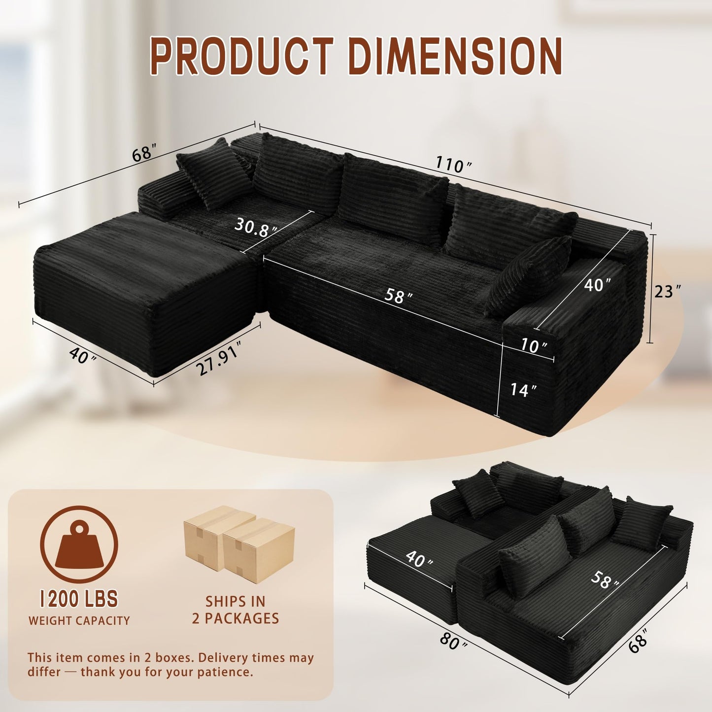 Korser 108" L-Shaped Modular Sectional Sofa with Chaise, Corduroy, Black