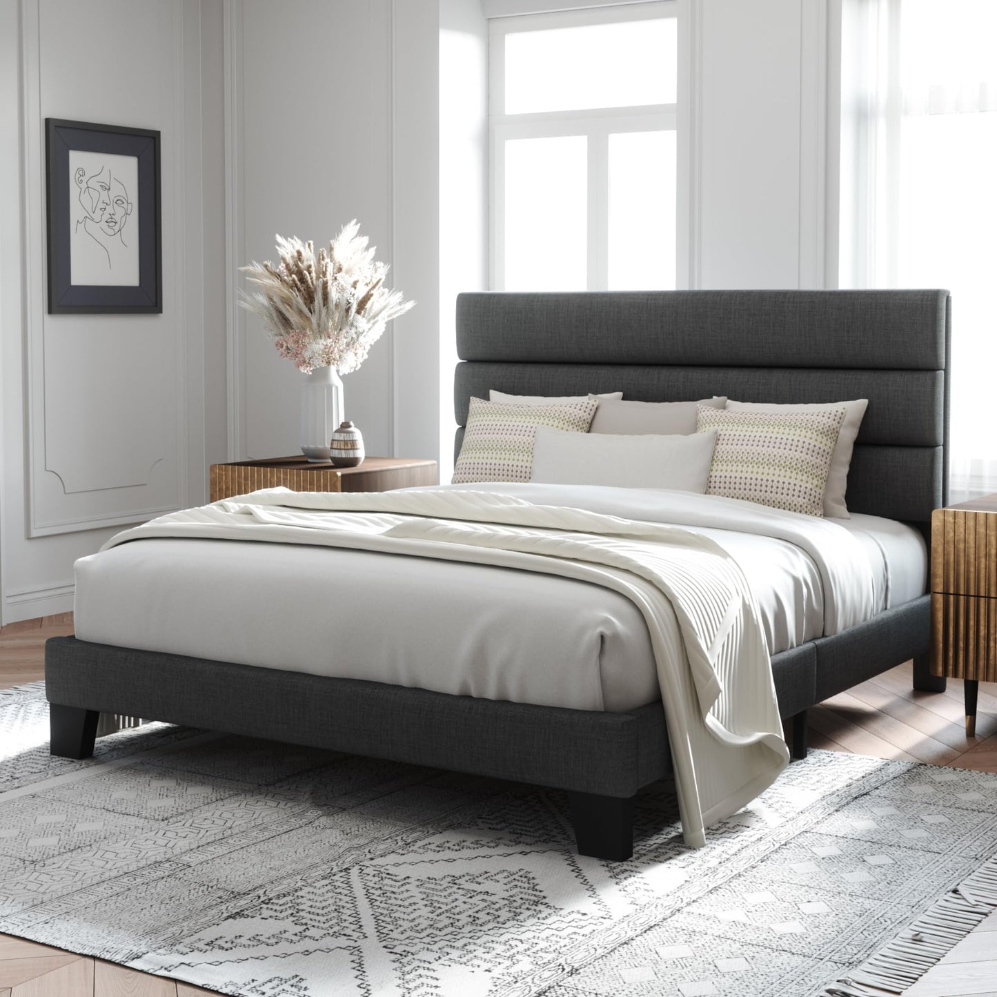 Allewie Queen Platform Bed Frame with Upholstered Headboard