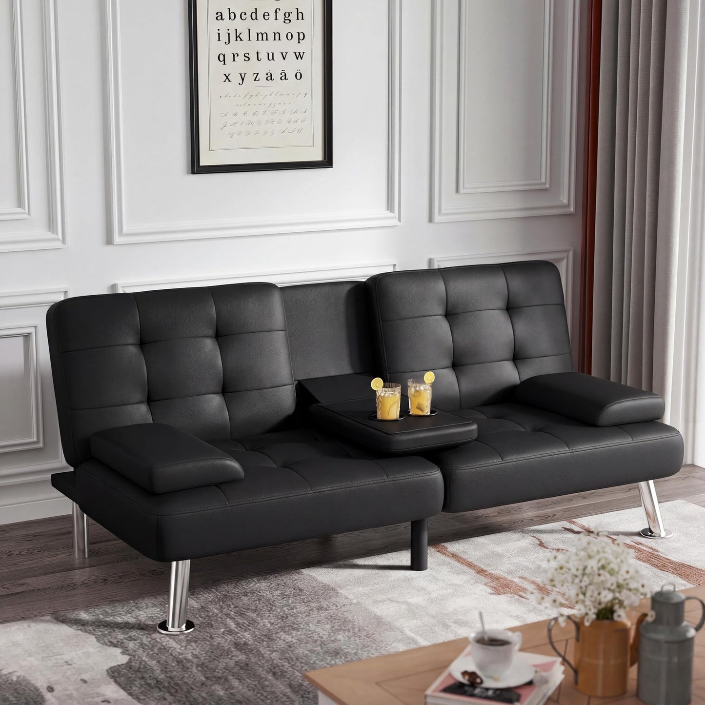 Flamaker Convertible Futon Sofa Bed – Black Faux Leather