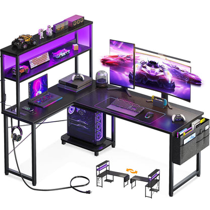 AODK Reversible L-Shaped Desk with LED Light & Power Outlet