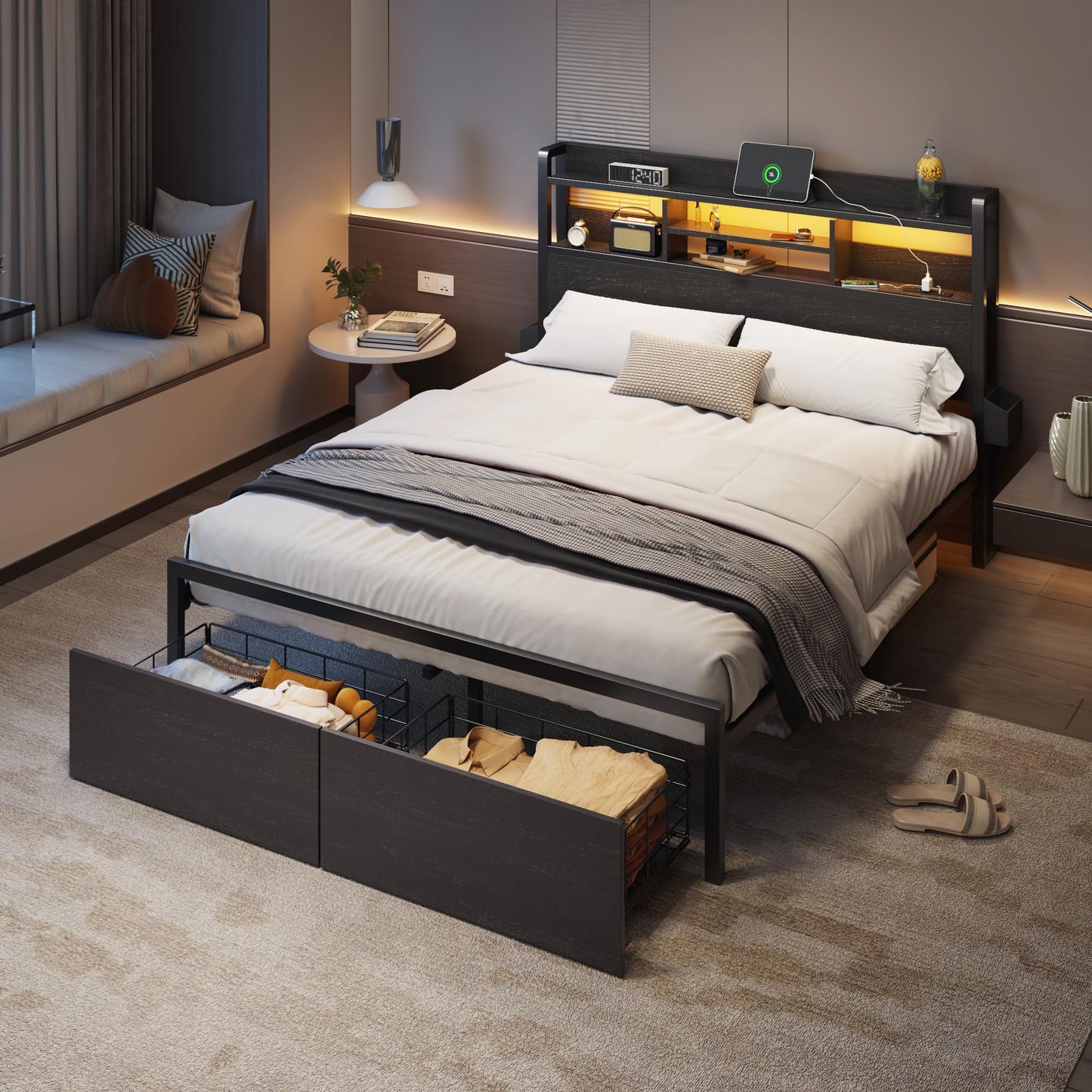 Full Size Bed Frame with Headboard, Charging Station & Drawers