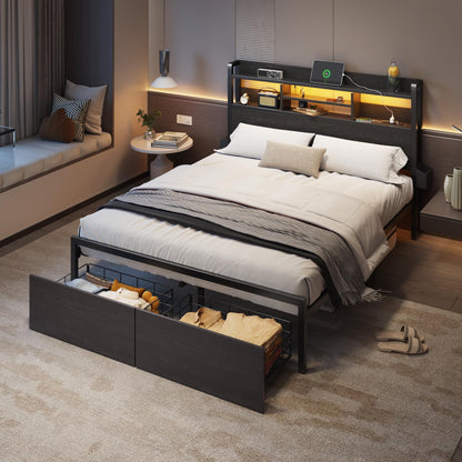 Full Size Bed Frame with Headboard, Charging Station & Drawers