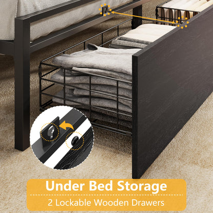 Full Size Bed Frame with Headboard, Charging Station & Drawers