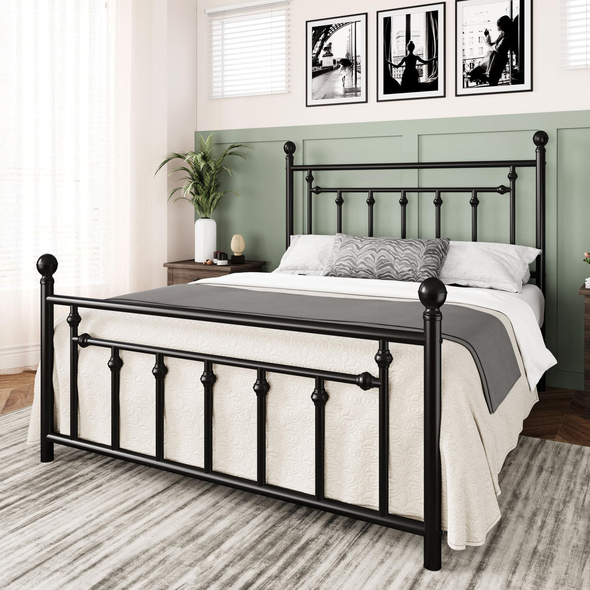 Allewie Queen Metal Platform Bed Frame | Vintage Headboard, Black